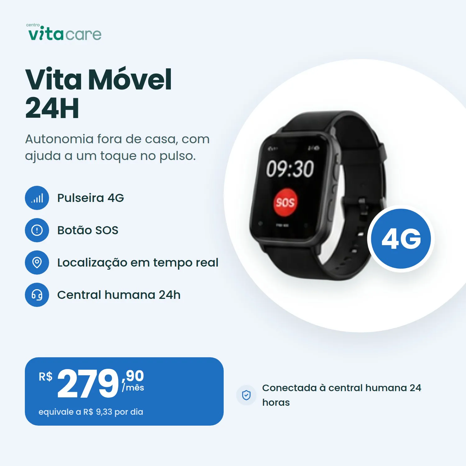 Vita Móvel 24H: Pulseira 4G com botão de socorro e localização.